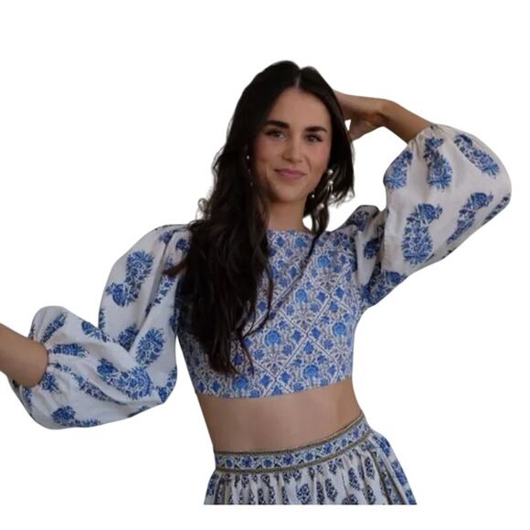 Nicole Miller M NEW Blue Floral Print Linen Cropped Balloon Sleeve Top - Picture 9 of 9